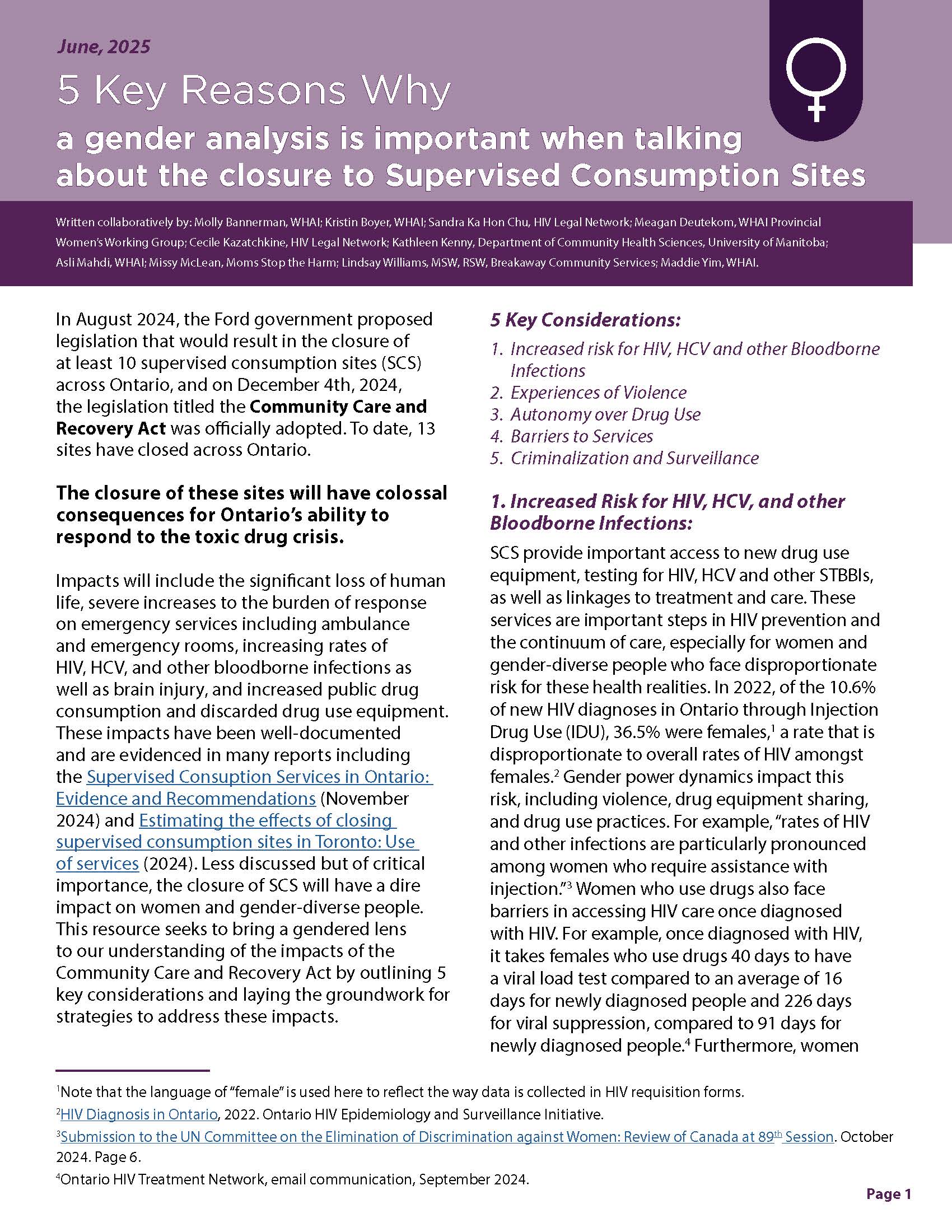5 Key Reasons Why: a gender analysis is important when talking about the closure to Supervised Consumption Sites